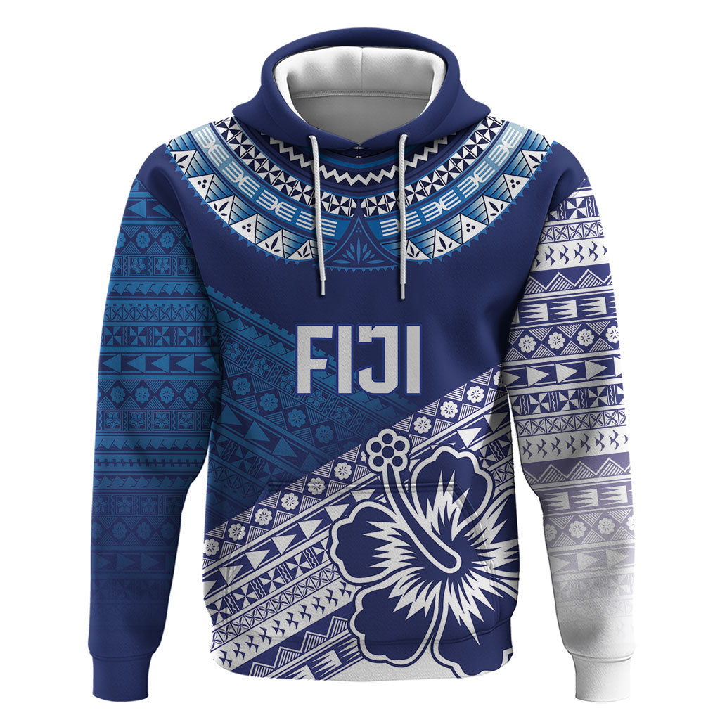 Custom Rugby Fiji Zip Hoodie Blue Traditional Masi Inspired