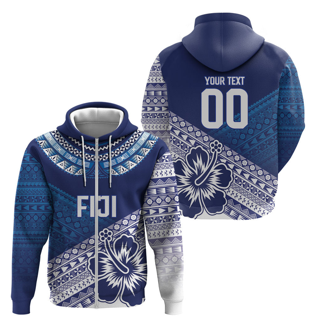 Custom Rugby Fiji Zip Hoodie Blue Traditional Masi Inspired
