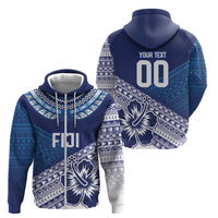 Custom Rugby Fiji Zip Hoodie Blue Traditional Masi Inspired