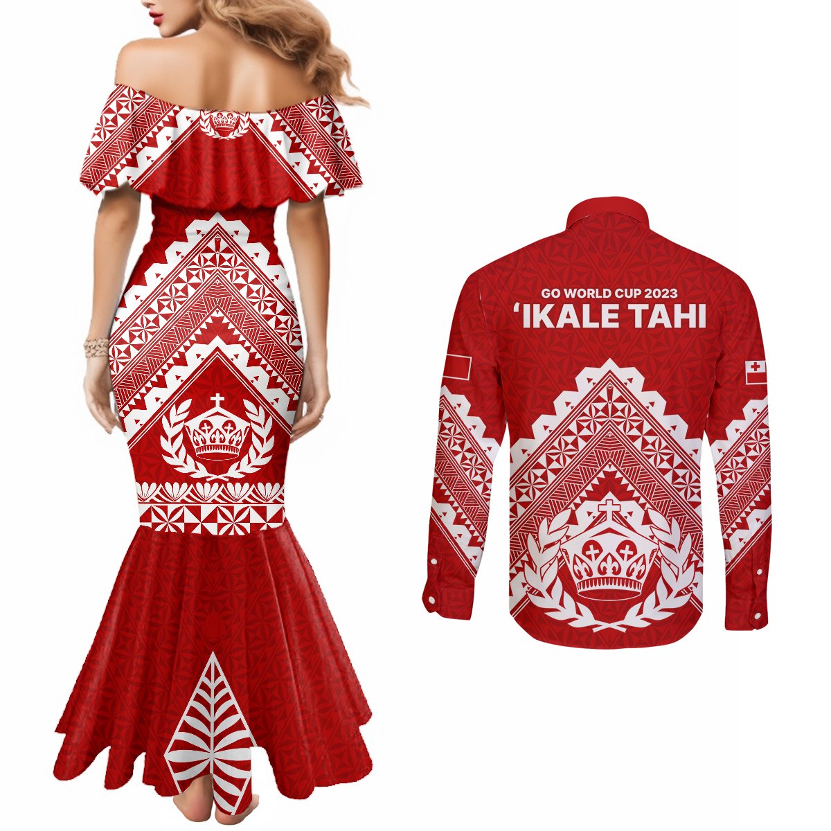 Tonga Rugby Couples Matching Mermaid Dress and Long Sleeve Button Shirts Proud Tongan Ngatu Kupesi World Cup 2023 No1 LT9 - Polynesian Pride