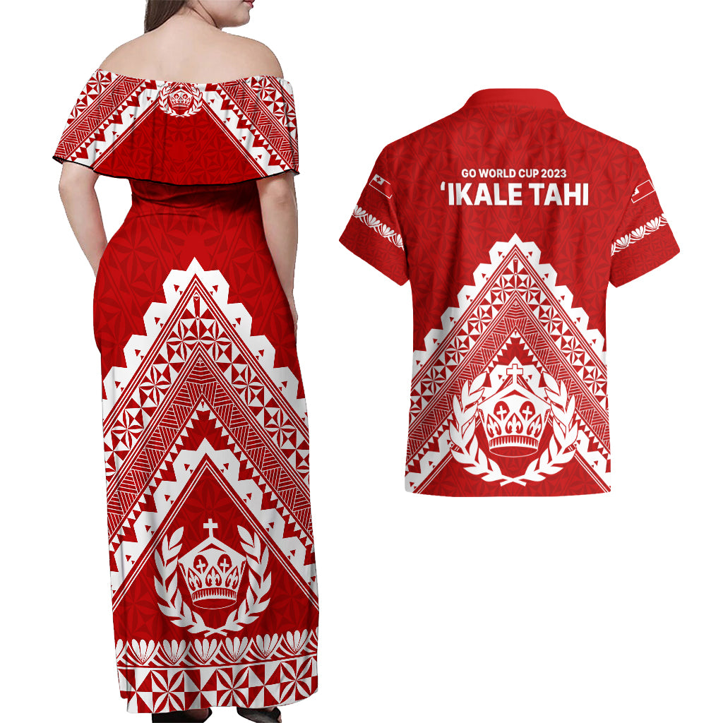 Tonga Rugby Couples Matching Off Shoulder Maxi Dress and Hawaiian Shirt Proud Tongan Ngatu Kupesi World Cup 2023 No1 LT9 - Polynesian Pride