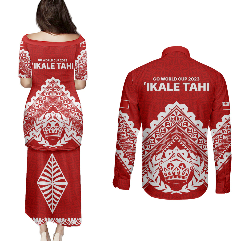 Tonga Rugby Couples Matching Puletasi Dress and Long Sleeve Button Shirts Proud Tongan Ngatu Kupesi World Cup 2023 No1 LT9 - Polynesian Pride