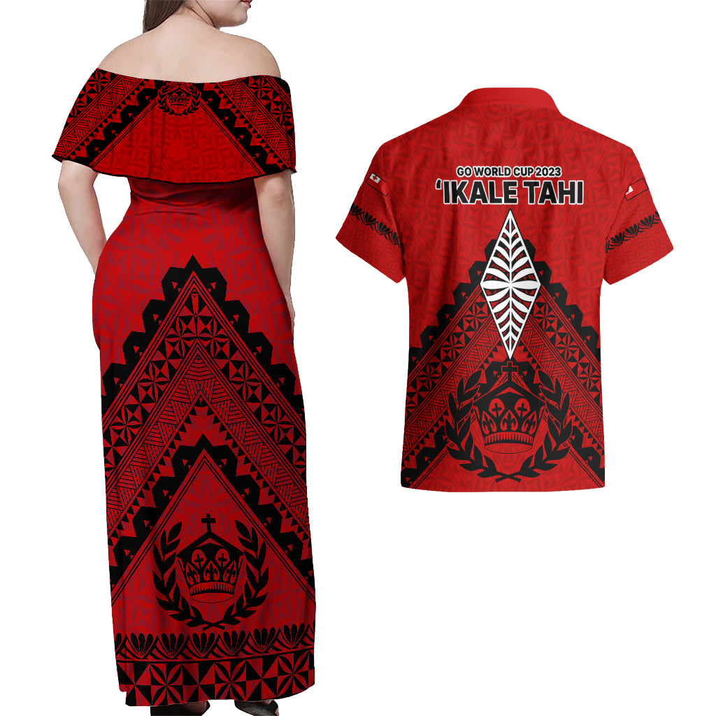 Tonga Rugby Couples Matching Off Shoulder Maxi Dress and Hawaiian Shirt Proud Tongan Ngatu Kupesi World Cup 2023 No2 LT9 - Polynesian Pride