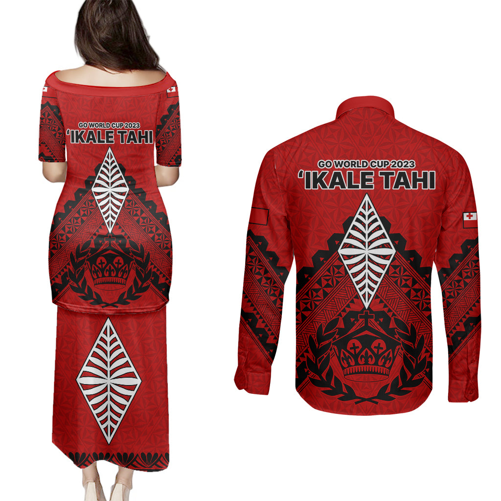 Tonga Rugby Couples Matching Puletasi Dress and Long Sleeve Button Shirts Proud Tongan Ngatu Kupesi World Cup 2023 No2 LT9 - Polynesian Pride