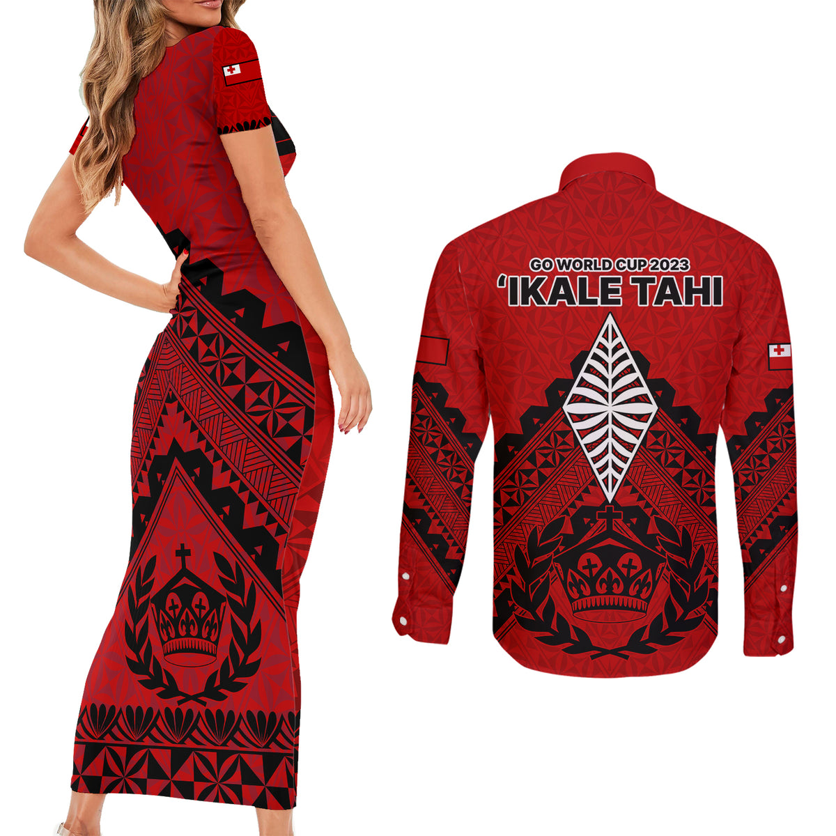 Tonga Rugby Couples Matching Short Sleeve Bodycon Dress and Long Sleeve Button Shirts Proud Tongan Ngatu Kupesi World Cup 2023 No2 LT9 - Polynesian Pride
