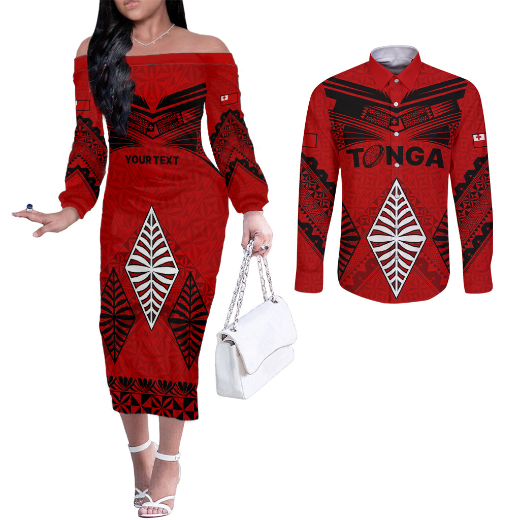 Custom Tonga Rugby Couples Matching Off The Shoulder Long Sleeve Dress and Long Sleeve Button Shirts Proud Tongan Ngatu Kupesi World Cup 2023 No2 LT9 Black - Polynesian Pride