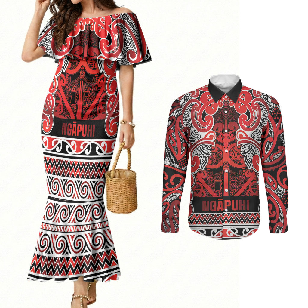 Aotearoa Iwi Ngapuhi Couples Matching Mermaid Dress and Long Sleeve Button Shirt Maori Wharenui House Tribal Pattern LT9 Red - Polynesian Pride