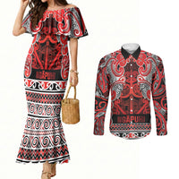 Aotearoa Iwi Ngapuhi Couples Matching Mermaid Dress and Long Sleeve Button Shirt Maori Wharenui House Tribal Pattern LT9 Red - Polynesian Pride