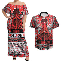 Aotearoa Iwi Ngapuhi Couples Matching Off Shoulder Maxi Dress and Hawaiian Shirt Maori Wharenui House Tribal Pattern LT9 Red - Polynesian Pride