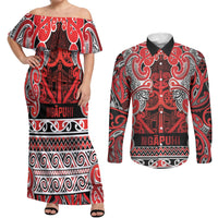 Aotearoa Iwi Ngapuhi Couples Matching Off Shoulder Maxi Dress and Long Sleeve Button Shirt Maori Wharenui House Tribal Pattern LT9 Red - Polynesian Pride