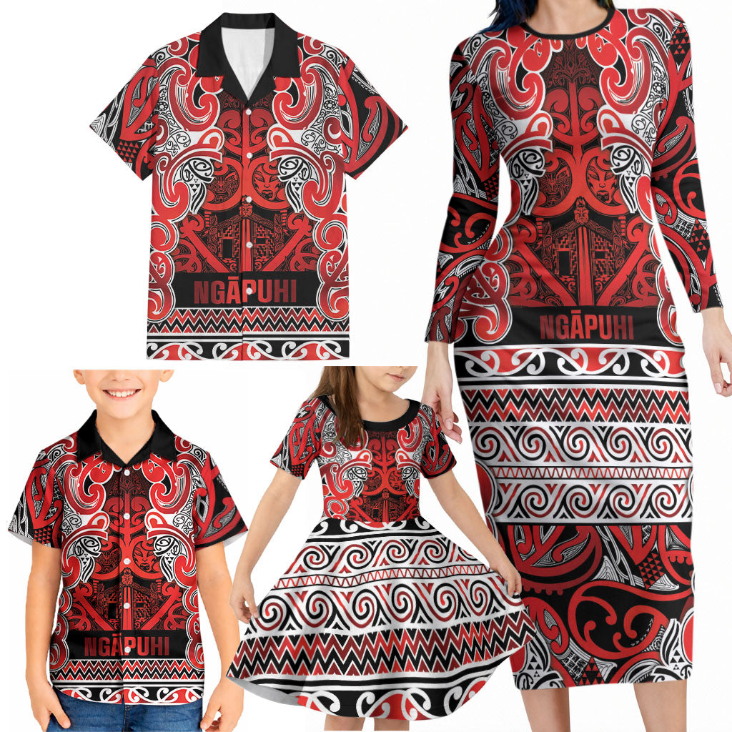 Aotearoa Iwi Ngapuhi Family Matching Long Sleeve Bodycon Dress and Hawaiian Shirt Maori Wharenui House Tribal Pattern LT9 - Polynesian Pride