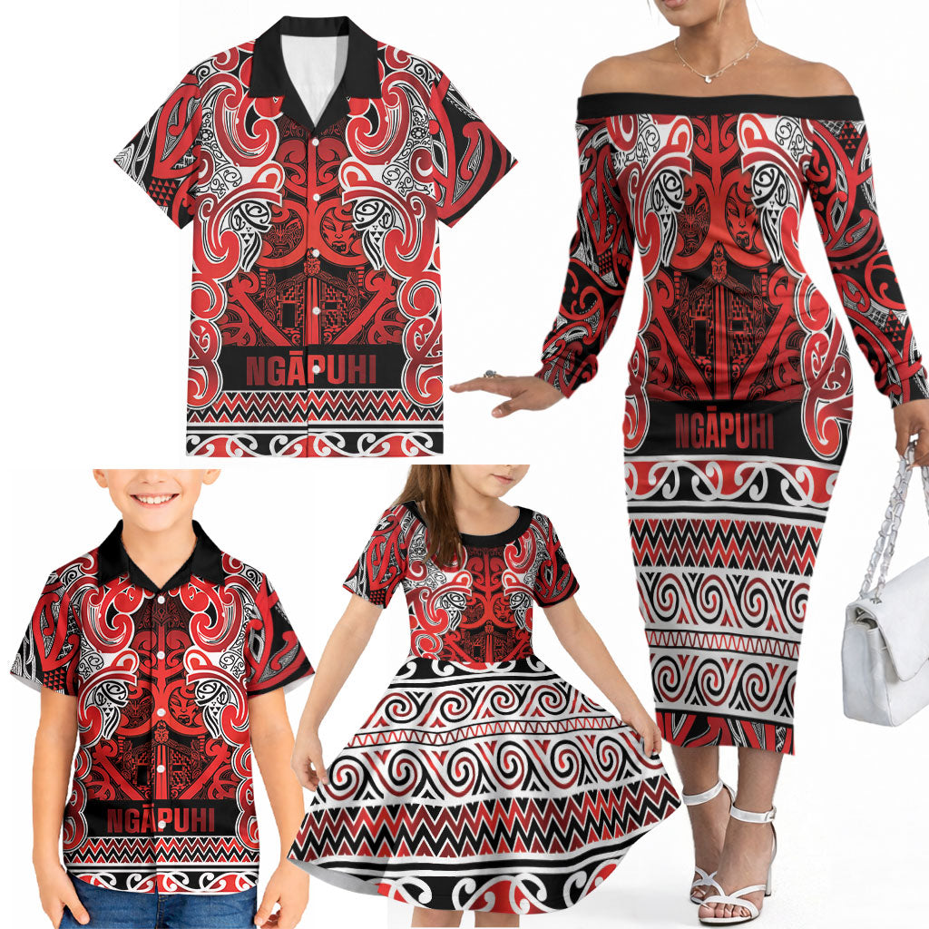 Aotearoa Iwi Ngapuhi Family Matching Off The Shoulder Long Sleeve Dress and Hawaiian Shirt Maori Wharenui House Tribal Pattern LT9 - Polynesian Pride