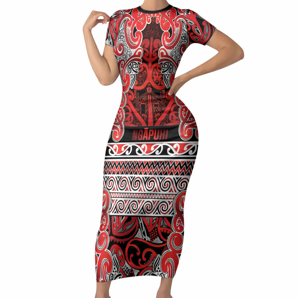 Aotearoa Iwi Ngapuhi Short Sleeve Bodycon Dress Maori Wharenui House Tribal Pattern LT9 Long Dress Red - Polynesian Pride