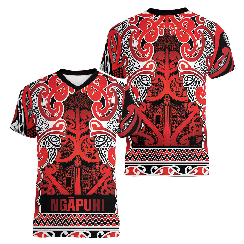 Aotearoa Iwi Ngapuhi Women V-Neck T-Shirt Maori Wharenui House Tribal Pattern LT9 - Polynesian Pride