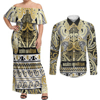 Aotearoa Iwi Ngati Whatua Couples Matching Off Shoulder Maxi Dress and Long Sleeve Button Shirt Maori Wharenui House Tribal Pattern LT9 Gold - Polynesian Pride