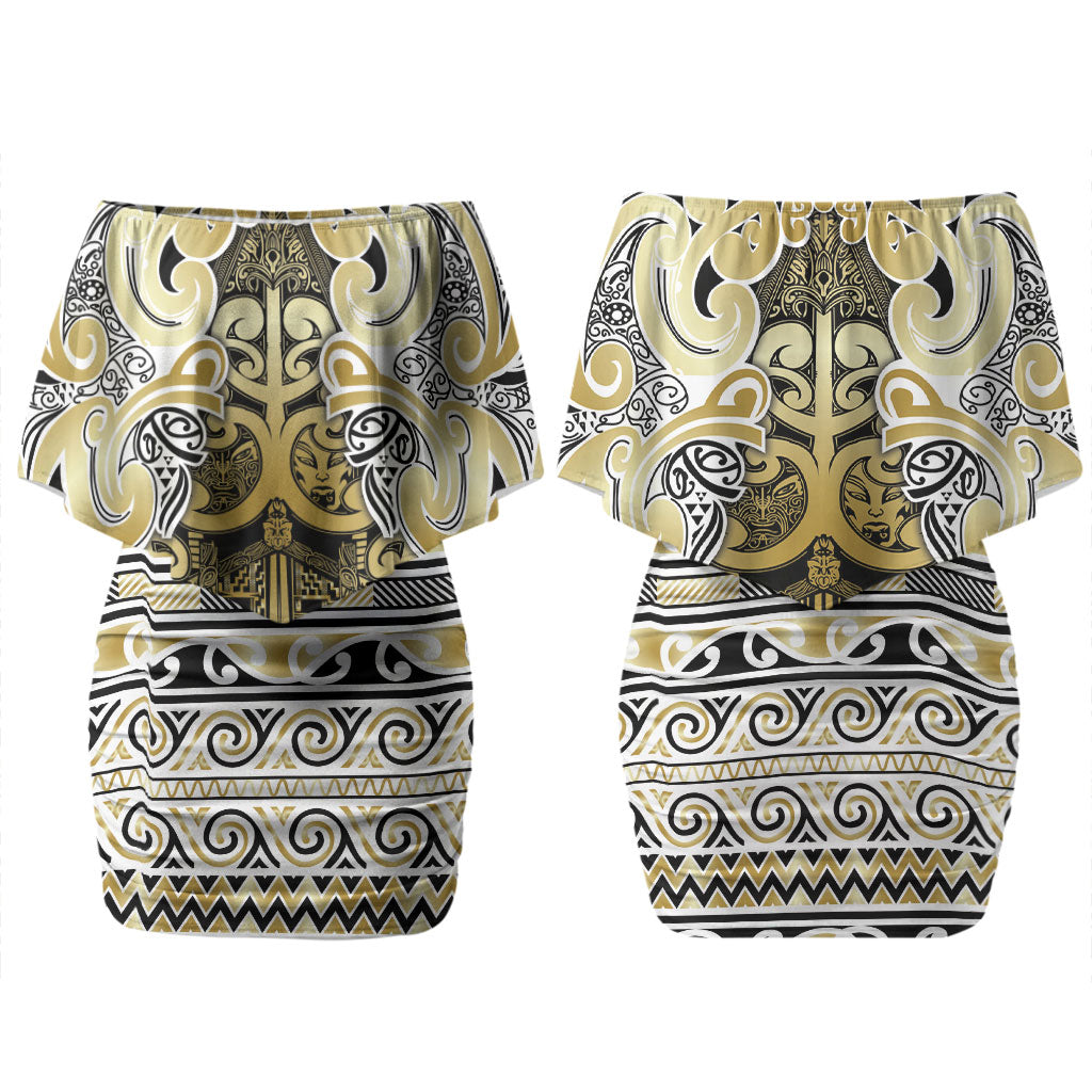 Aotearoa Iwi Ngati Whatua Couples Matching Off Shoulder Short Dress and Long Sleeve Button Shirt Maori Wharenui House Tribal Pattern LT9 - Polynesian Pride