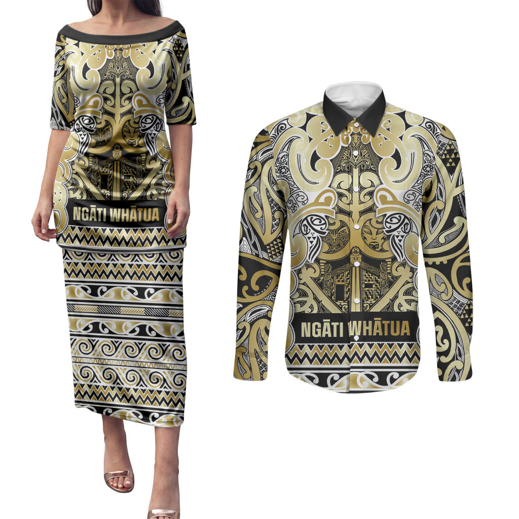 Aotearoa Iwi Ngati Whatua Couples Matching Puletasi and Long Sleeve Button Shirt Maori Wharenui House Tribal Pattern LT9 Gold - Polynesian Pride