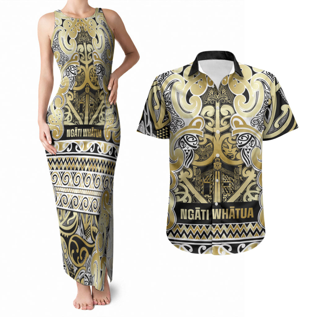 Aotearoa Iwi Ngati Whatua Couples Matching Tank Maxi Dress and Hawaiian Shirt Maori Wharenui House Tribal Pattern LT9 Gold - Polynesian Pride