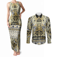 Aotearoa Iwi Ngati Whatua Couples Matching Tank Maxi Dress and Long Sleeve Button Shirt Maori Wharenui House Tribal Pattern LT9 Gold - Polynesian Pride