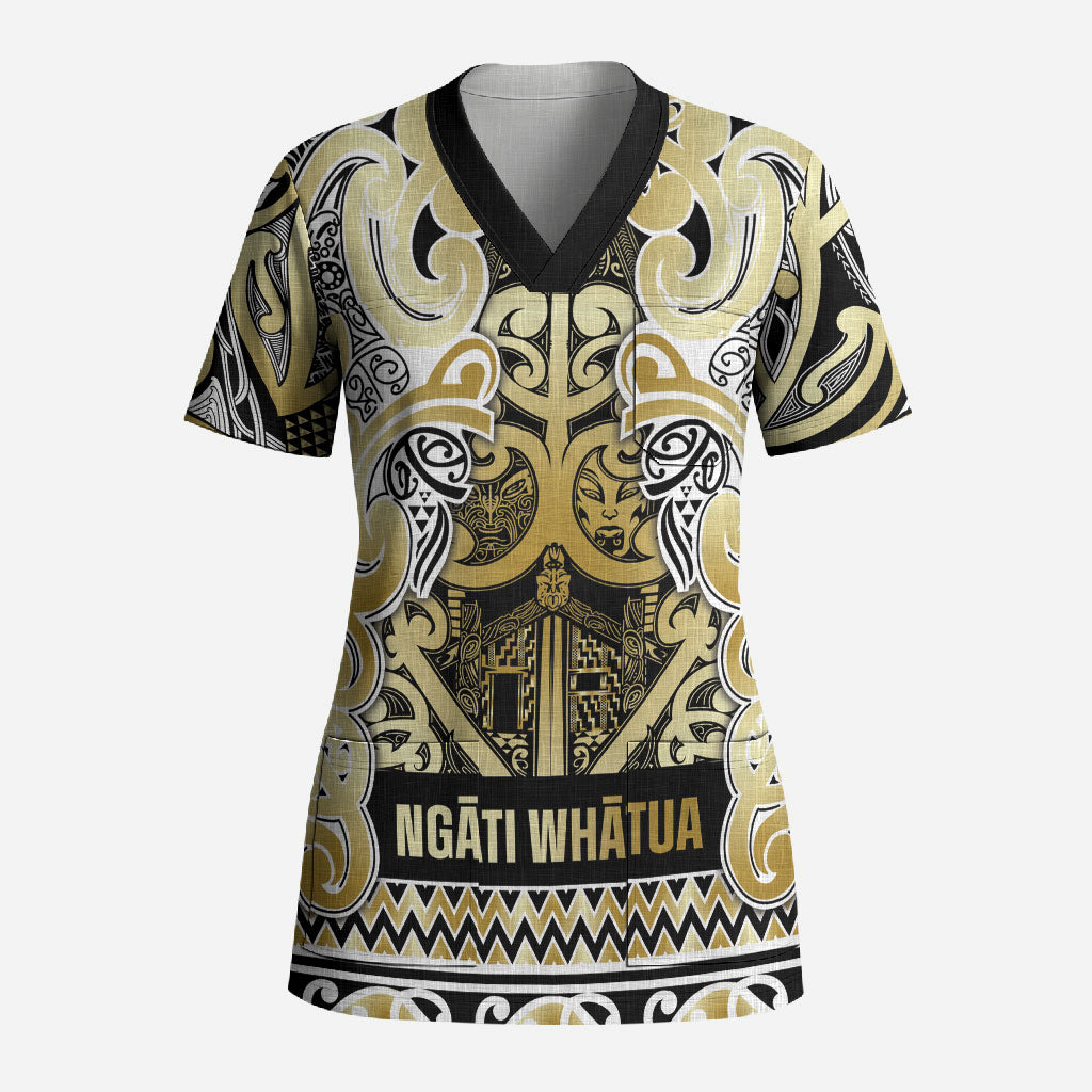 Aotearoa Iwi Ngati Whatua Scrub Top Maori Wharenui House Tribal Pattern LT9 Adult Gold - Polynesian Pride