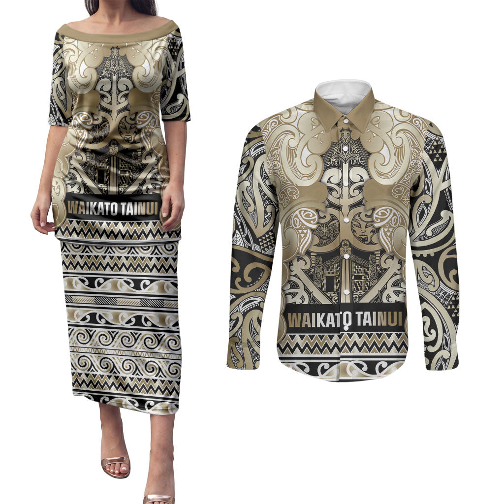 Aotearoa Iwi Waikato Tainui Couples Matching Puletasi and Long Sleeve Button Shirt Maori Wharenui House Tribal Pattern LT9 Light Gold - Polynesian Pride