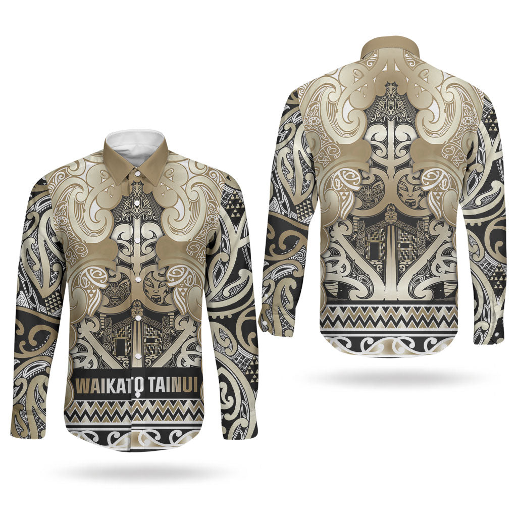 Aotearoa Iwi Waikato Tainui Couples Matching Puletasi and Long Sleeve Button Shirt Maori Wharenui House Tribal Pattern LT9 - Polynesian Pride