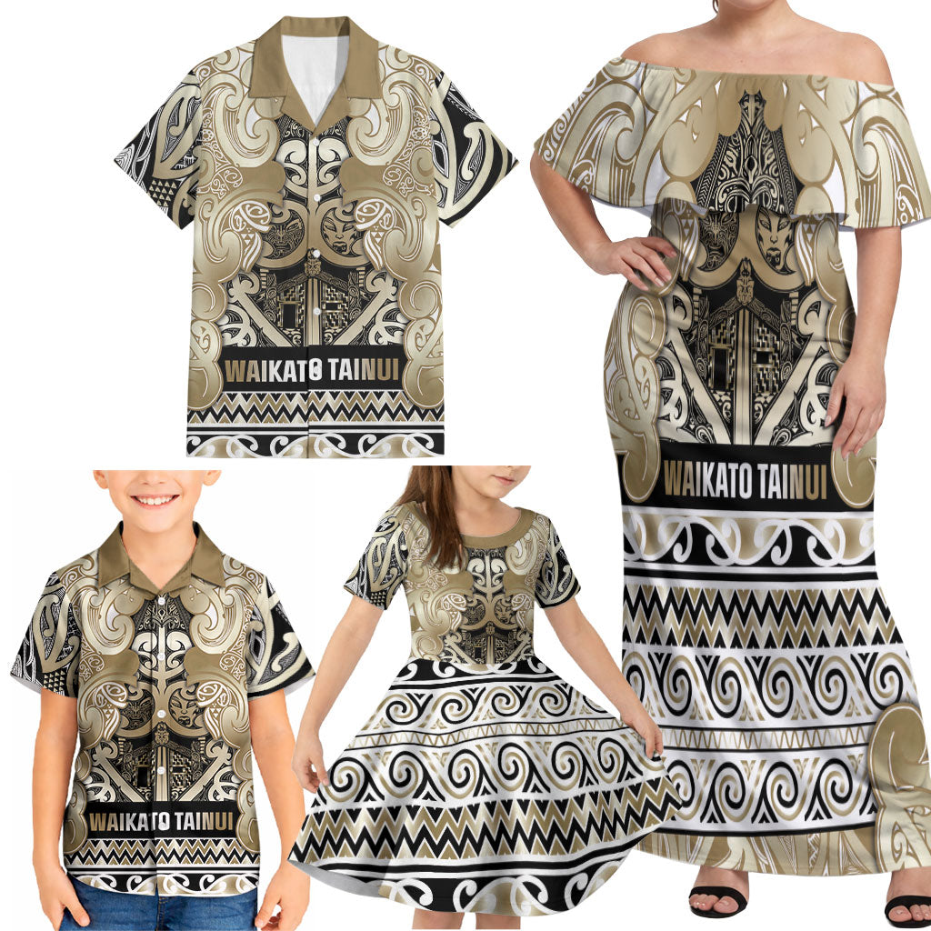 Aotearoa Iwi Waikato Tainui Family Matching Off Shoulder Maxi Dress and Hawaiian Shirt Maori Wharenui House Tribal Pattern LT9 - Polynesian Pride