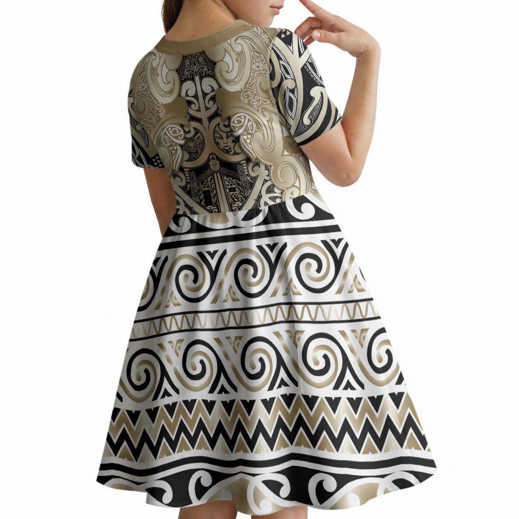 Aotearoa Iwi Waikato Tainui Kid Short Sleeve Dress Maori Wharenui House Tribal Pattern LT9 - Polynesian Pride