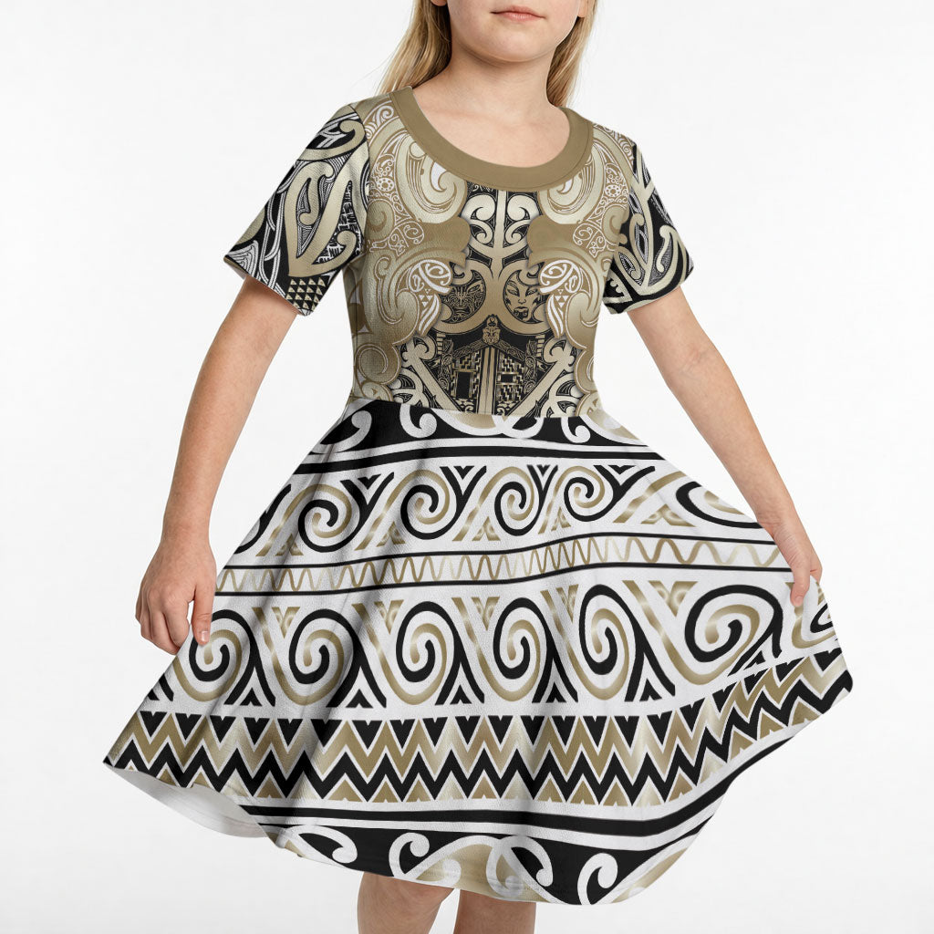 Aotearoa Iwi Waikato Tainui Kid Short Sleeve Dress Maori Wharenui House Tribal Pattern LT9 - Polynesian Pride