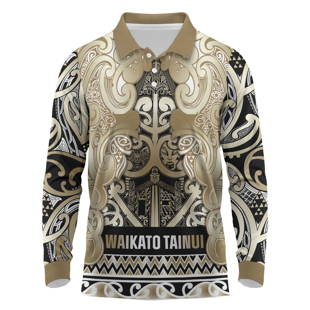 Aotearoa Iwi Waikato Tainui Long Sleeve Polo Shirt Maori Wharenui House Tribal Pattern LT9 Light Gold - Polynesian Pride