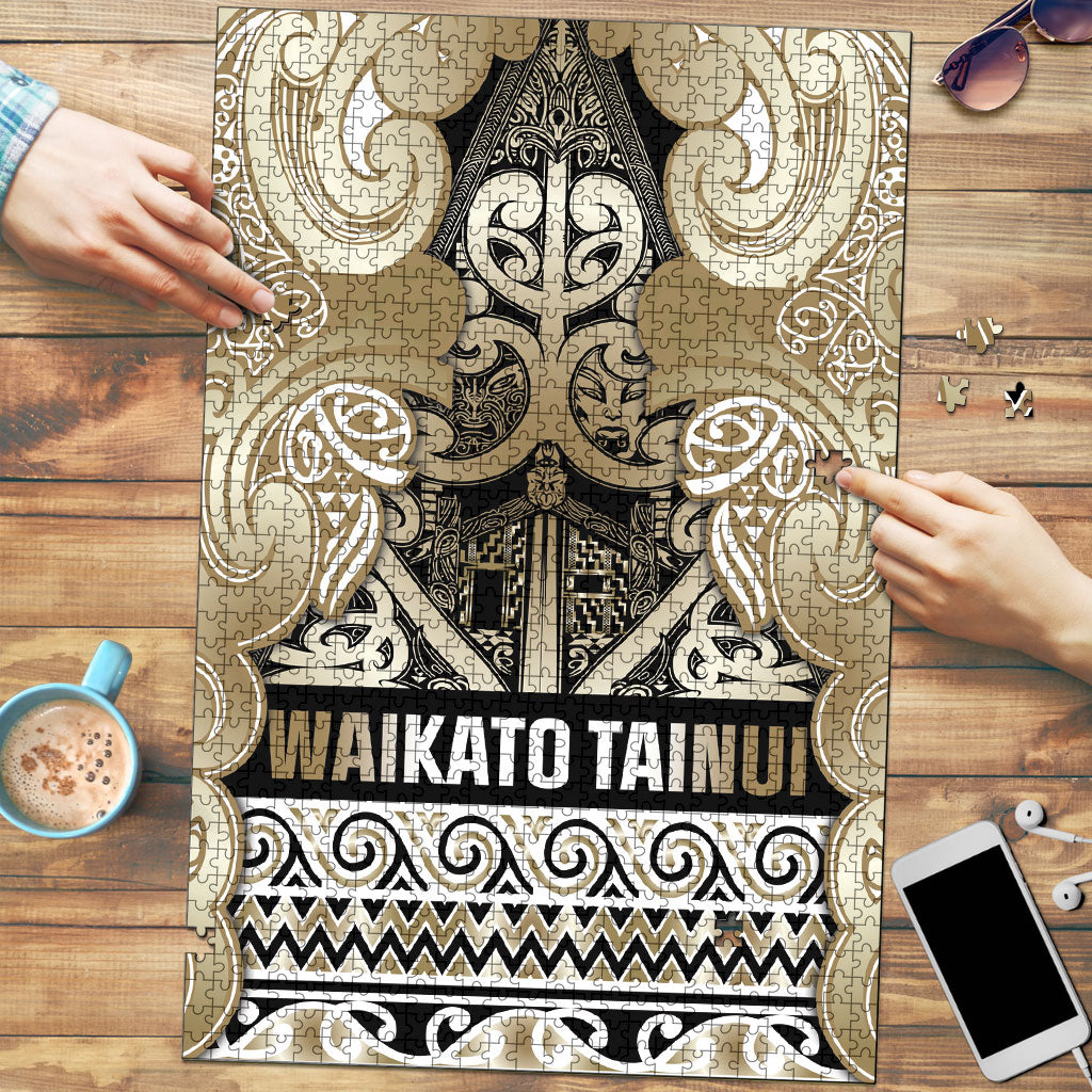 Aotearoa Iwi Waikato Tainui Puzzle Maori Wharenui House Tribal Pattern LT9 Light Gold - Polynesian Pride