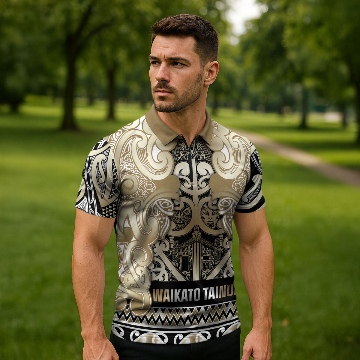 Aotearoa Iwi Waikato Tainui Zipper Polo Shirt Maori Wharenui House Tribal Pattern LT9 - Polynesian Pride