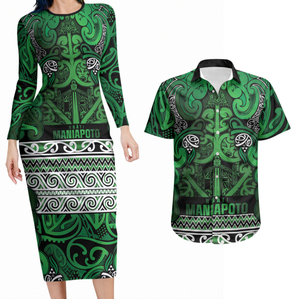 Aotearoa Iwi Ngati Maniapoto Couples Matching Long Sleeve Bodycon Dress and Hawaiian Shirt Maori Wharenui House Tribal Pattern LT9 Dark green - Polynesian Pride