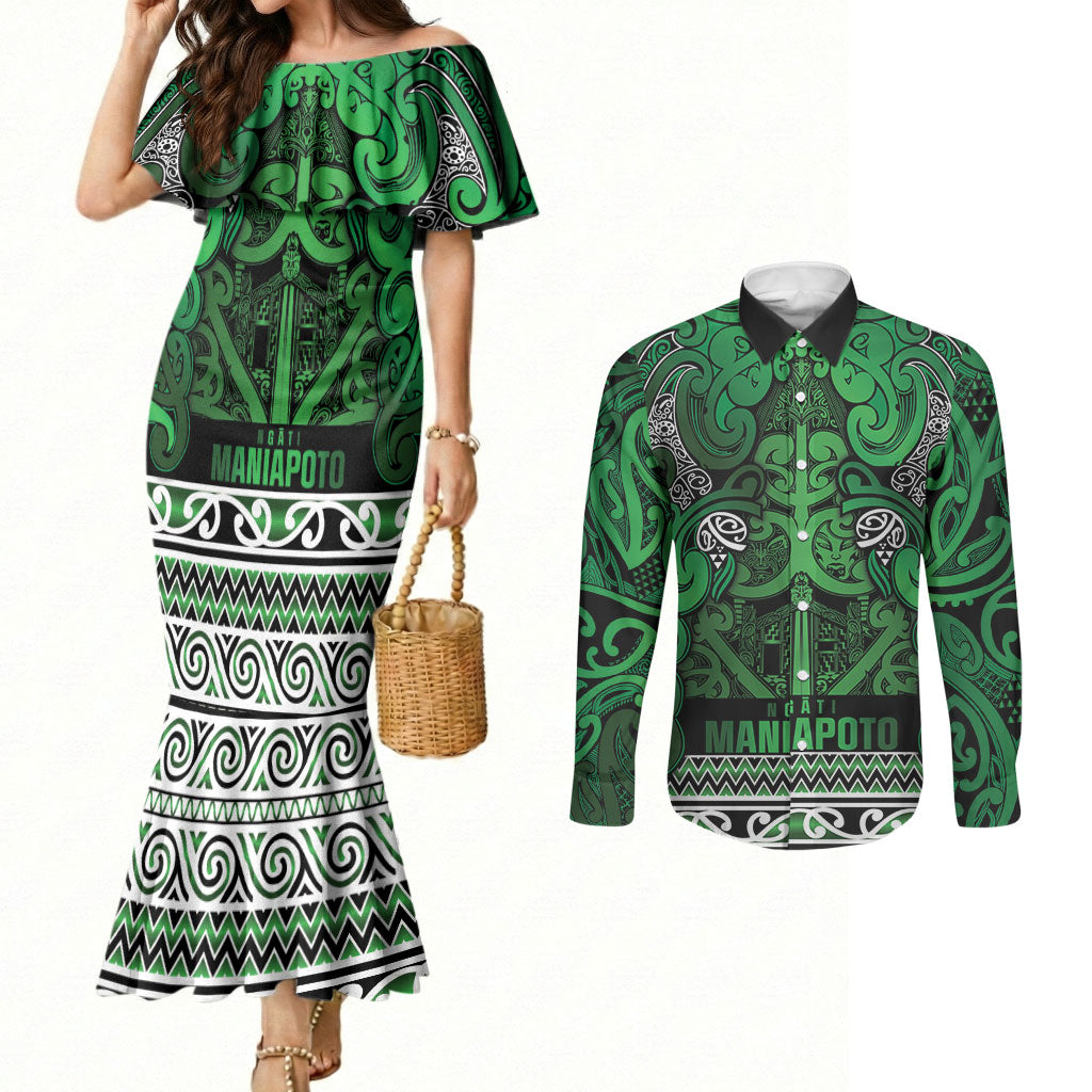 Aotearoa Iwi Ngati Maniapoto Couples Matching Mermaid Dress and Long Sleeve Button Shirt Maori Wharenui House Tribal Pattern LT9 Dark green - Polynesian Pride