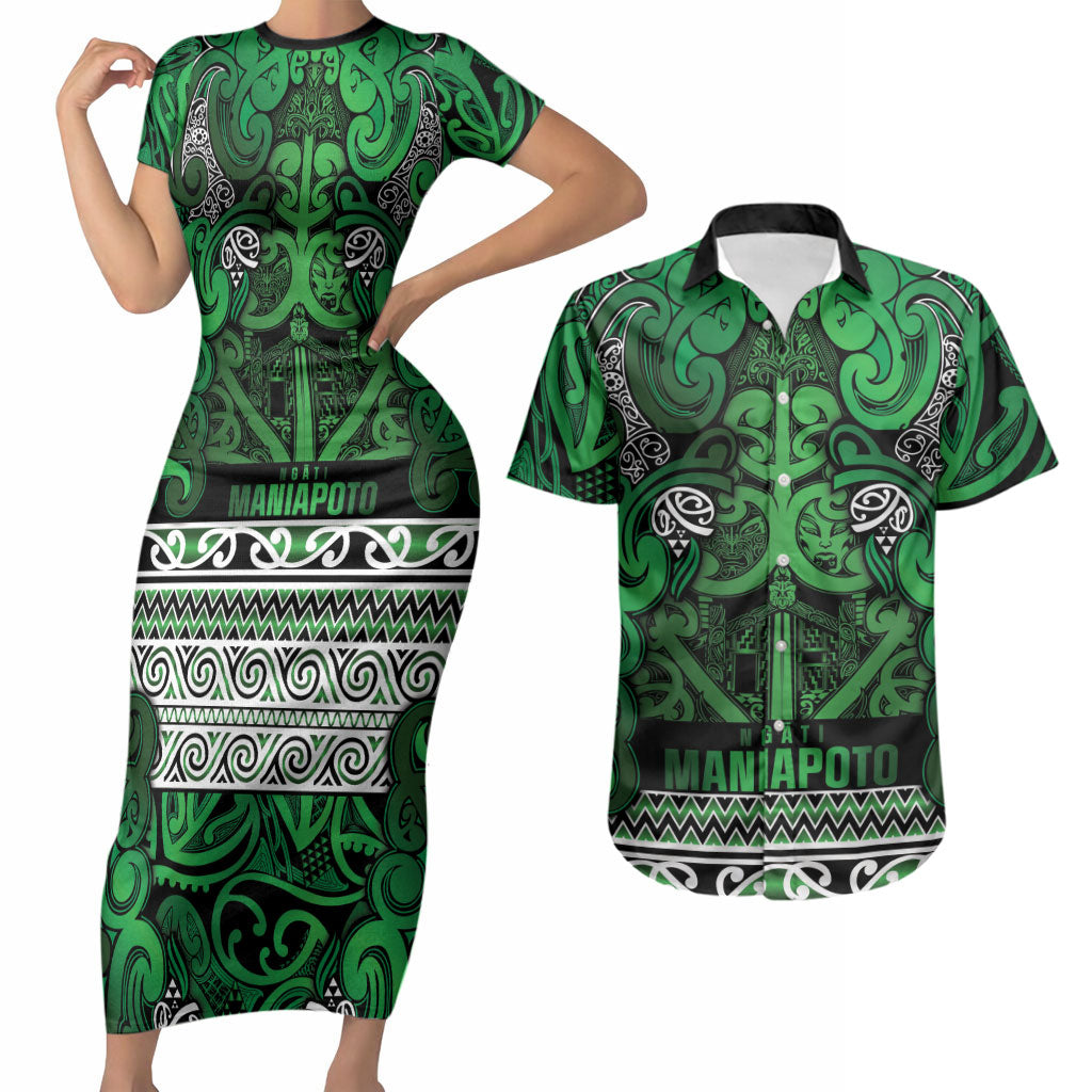 Aotearoa Iwi Ngati Maniapoto Couples Matching Short Sleeve Bodycon Dress and Hawaiian Shirt Maori Wharenui House Tribal Pattern LT9 Dark green - Polynesian Pride