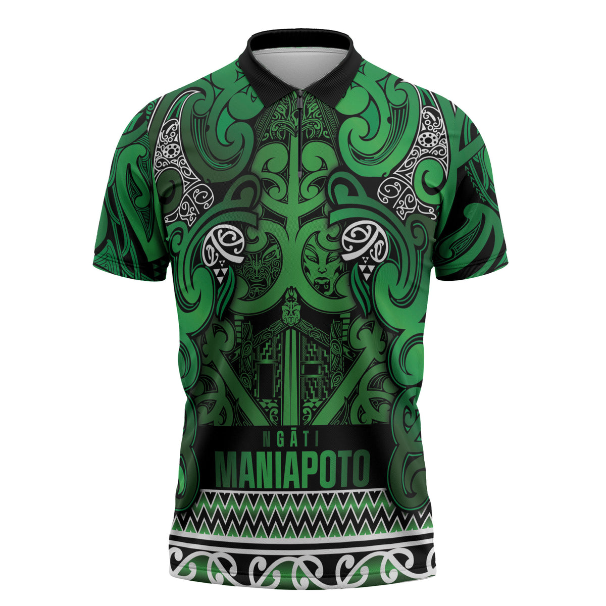 Aotearoa Iwi Ngati Maniapoto Zipper Polo Shirt Maori Wharenui House Tribal Pattern LT9 Dark green - Polynesian Pride
