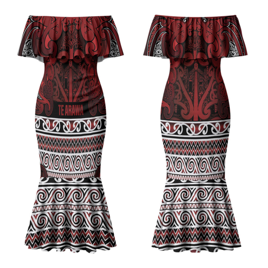 Aotearoa Iwi Te Arawa Couples Matching Mermaid Dress and Long Sleeve Button Shirt Maori Wharenui House Tribal Pattern LT9 - Polynesian Pride