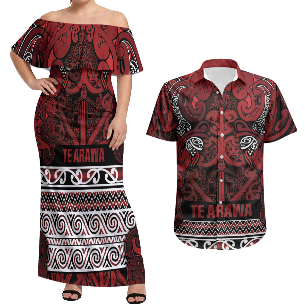 Aotearoa Iwi Te Arawa Couples Matching Off Shoulder Maxi Dress and Hawaiian Shirt Maori Wharenui House Tribal Pattern LT9 Dark Red - Polynesian Pride