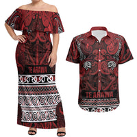 Aotearoa Iwi Te Arawa Couples Matching Off Shoulder Maxi Dress and Hawaiian Shirt Maori Wharenui House Tribal Pattern LT9 Dark Red - Polynesian Pride