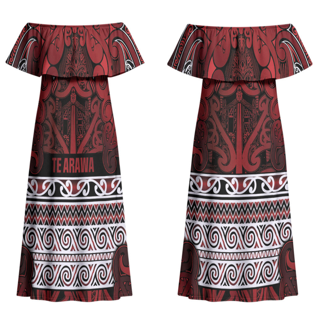 Aotearoa Iwi Te Arawa Couples Matching Off Shoulder Maxi Dress and Hawaiian Shirt Maori Wharenui House Tribal Pattern LT9 - Polynesian Pride