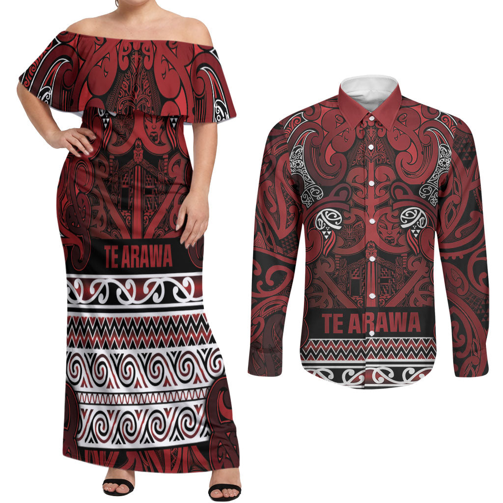 Aotearoa Iwi Te Arawa Couples Matching Off Shoulder Maxi Dress and Long Sleeve Button Shirt Maori Wharenui House Tribal Pattern LT9 Dark Red - Polynesian Pride