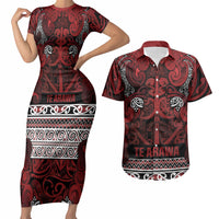 Aotearoa Iwi Te Arawa Couples Matching Short Sleeve Bodycon Dress and Hawaiian Shirt Maori Wharenui House Tribal Pattern LT9 Dark Red - Polynesian Pride