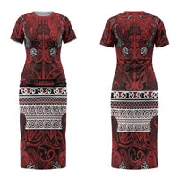 Aotearoa Iwi Te Arawa Couples Matching Short Sleeve Bodycon Dress and Long Sleeve Button Shirt Maori Wharenui House Tribal Pattern LT9 - Polynesian Pride
