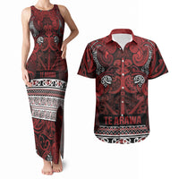 Aotearoa Iwi Te Arawa Couples Matching Tank Maxi Dress and Hawaiian Shirt Maori Wharenui House Tribal Pattern LT9 Dark Red - Polynesian Pride