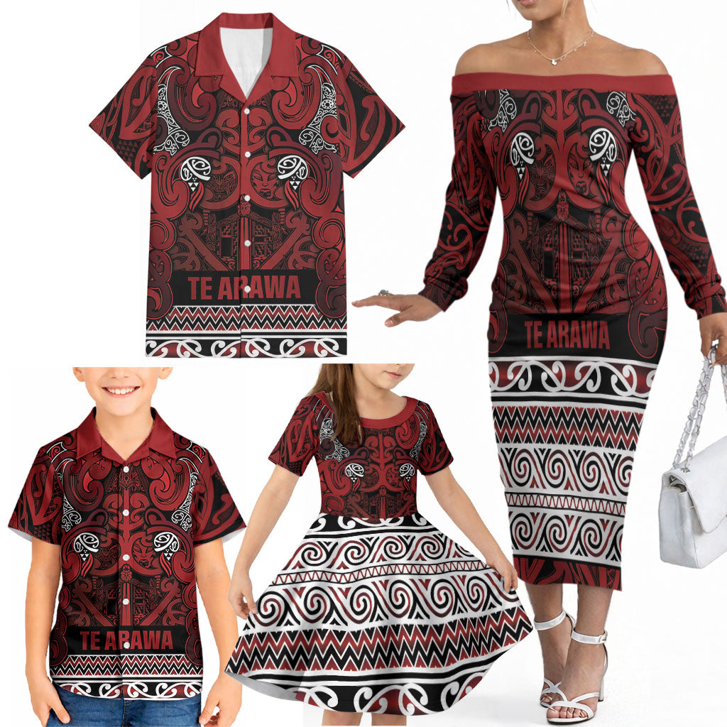 Aotearoa Iwi Te Arawa Family Matching Off The Shoulder Long Sleeve Dress and Hawaiian Shirt Maori Wharenui House Tribal Pattern LT9 - Polynesian Pride