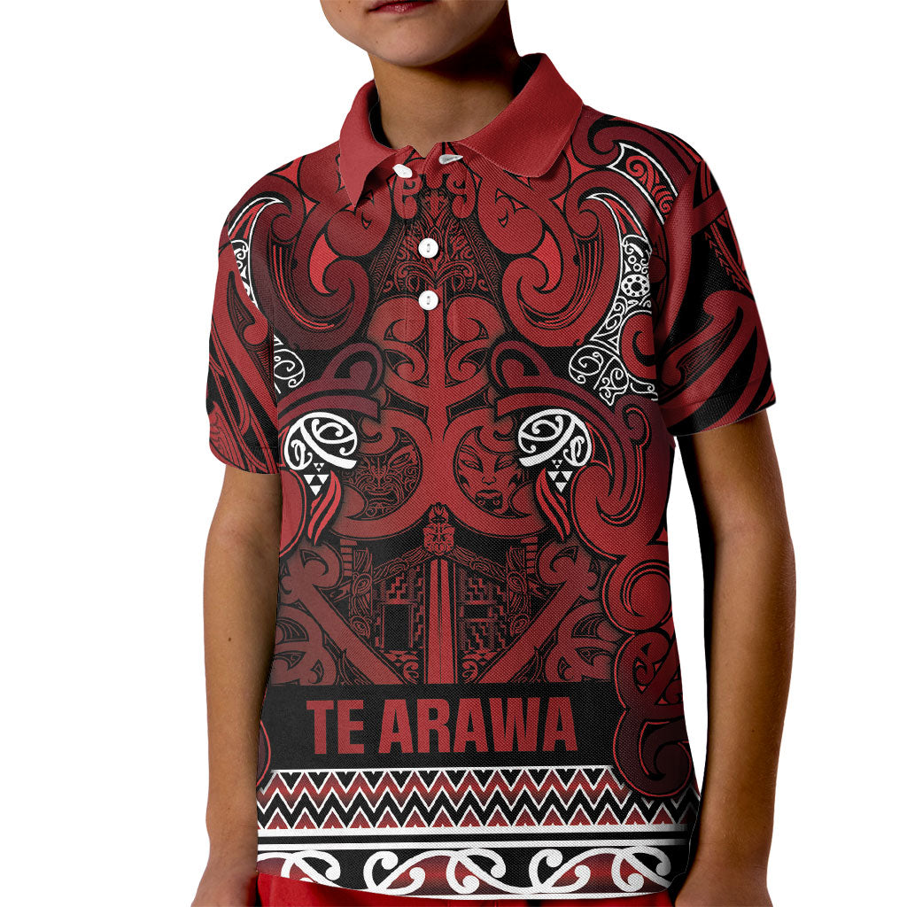Aotearoa Iwi Te Arawa Kid Polo Shirt Maori Wharenui House Tribal Pattern LT9 Kid Dark Red - Polynesian Pride