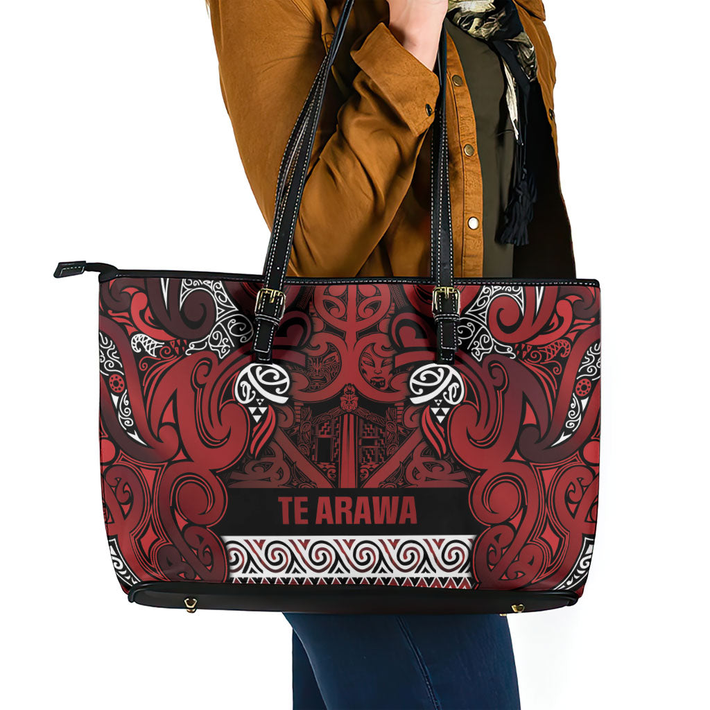 Aotearoa Iwi Te Arawa Leather Tote Bag Maori Wharenui House Tribal Pattern LT9 - Polynesian Pride
