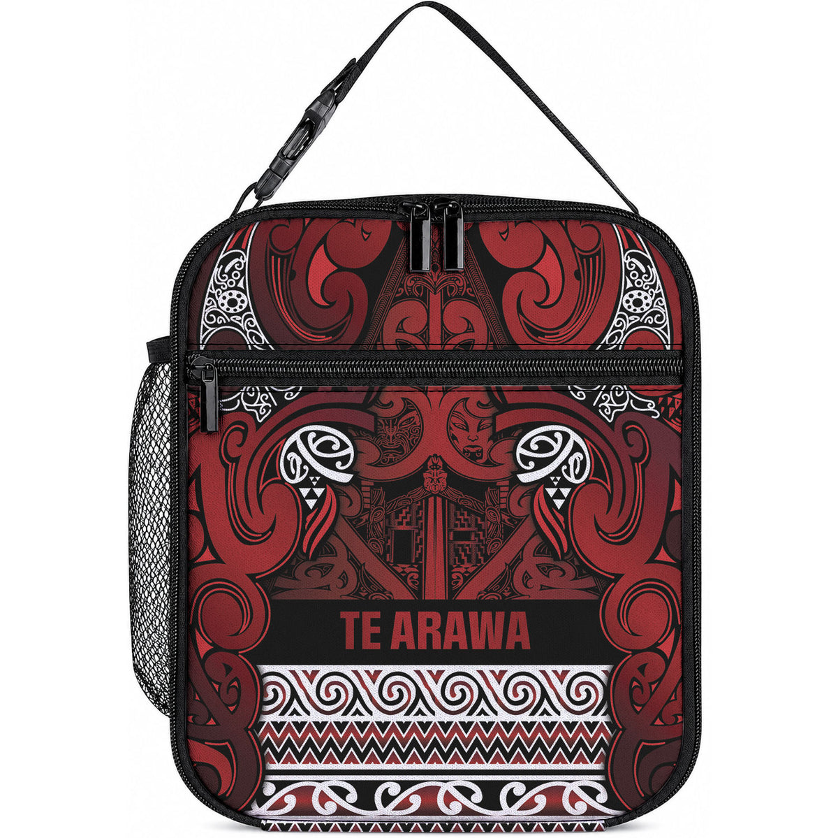 Aotearoa Iwi Te Arawa Lunch Bag Maori Wharenui House Tribal Pattern LT9 10.2 × 8.3 × 4.3 inch Dark Red - Polynesian Pride