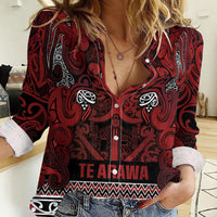 Aotearoa Iwi Te Arawa Women Casual Shirt Maori Wharenui House Tribal Pattern LT9 Female Dark Red - Polynesian Pride