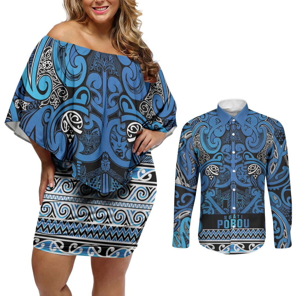 Aotearoa Iwi Ngati Porou Couples Matching Off Shoulder Short Dress and Long Sleeve Button Shirt Maori Wharenui House Tribal Pattern LT9 Blue - Polynesian Pride